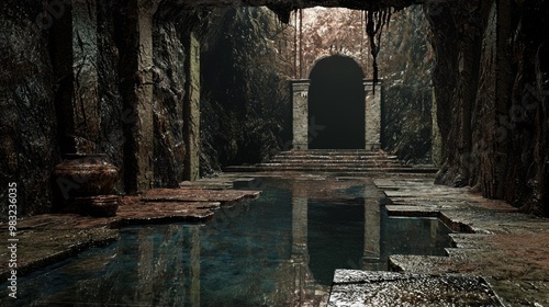 Mystical 3D Dungeon: Waterlogged Section with Eerie Reflections and Ancient Ritual Remnants photo