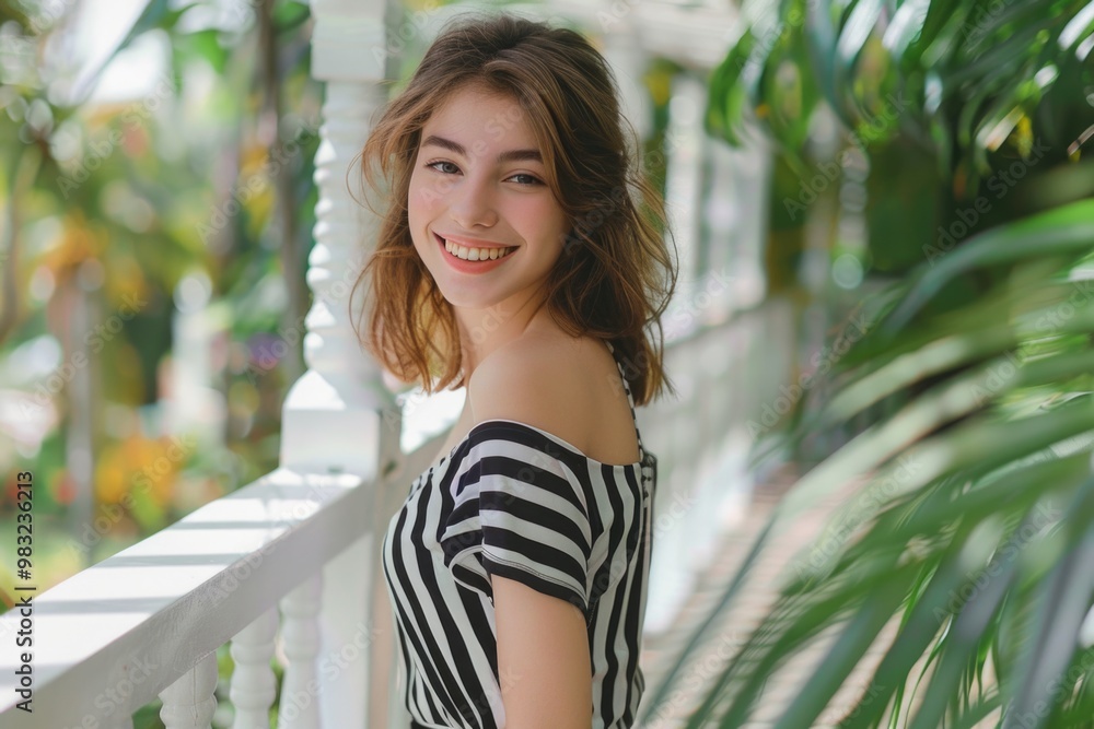 A woman wearing a striped dress stands on a porch, ready for the day A woman wearing a striped dress stands on a porch, ready for the day