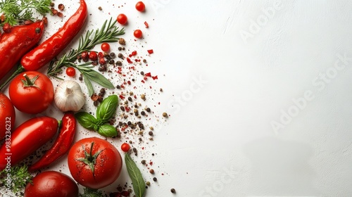 Fresh red tomatoes and assorted spices arranged on a dark surface with green ...