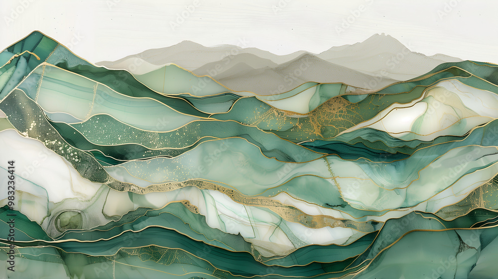 custom made wallpaper toronto digitalArtistic marble ink background featuring serene green mountains with intricate gold lines