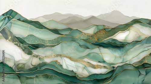 Wallpaper Mural Artistic marble ink background featuring serene green mountains with intricate gold lines Torontodigital.ca