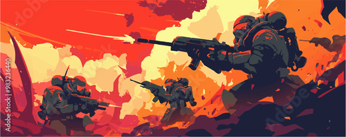 Design an action-packed artwork of space marines assaulting an alien fortress. Vector flat minimalistic isolated illustration.