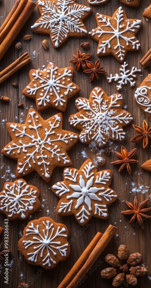 Deliciously decorated snowflake cookies arranged on a rustic wooden table Deliciously decorated snowflake cookies arranged on a rustic wooden table