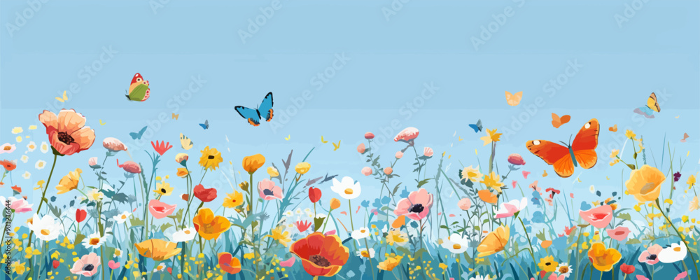 A vibrant flower field stretching to the horizon, with butterflies fluttering among the blooms. Vector flat minimalistic isolated illustration. A vibrant flower field stretching to the horizon, with butterflies fluttering among the blooms. Vector flat minimalistic isolated illustration.