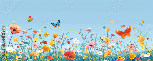 A vibrant flower field stretching to the horizon, with butterflies fluttering among the blooms. Vector flat minimalistic isolated illustration.