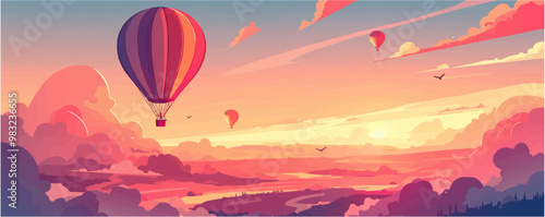 Design an illustration of a hot air balloon gently ascending into the sky at sunrise. Vector flat minimalistic isolated illustration.
