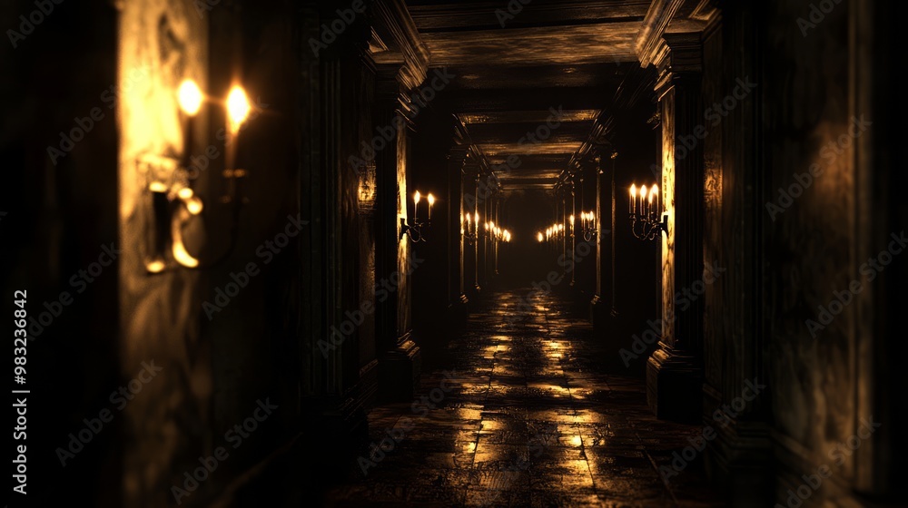Journey into the Unknown: 3D Render of Mysterious Dark Corridor with Flickering Torches and Eerie Shadows
