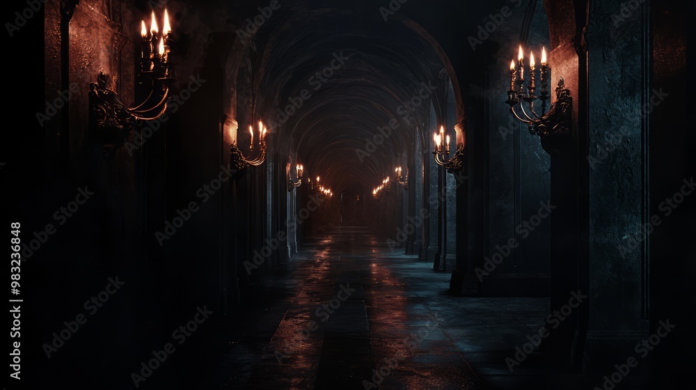 Obraz premium Shadowy Passage: 3D Visualization of Eerie Corridor with Flickering Torches and Foreboding Atmosphere