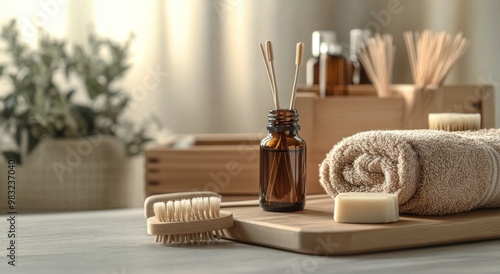 Spa essentials arranged neatly on a wooden surface with towels, oils, and nat...