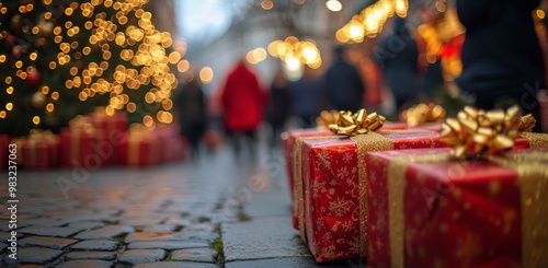 Festive holiday market scene with Christmas gifts and twinkling lights in the...