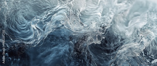 Waves crashing and swirling in deep blue water at twilight near a rocky shore...