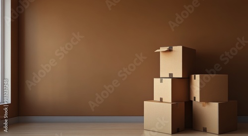 Bright and airy room with stacked boxes and a plant in warm afternoon sunlight