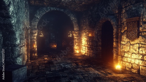 Enigmatic Dungeon Interior with Hidden Passageway and Glowing Runes - 3D Render Illustration of Mysterious Ancient Chamber