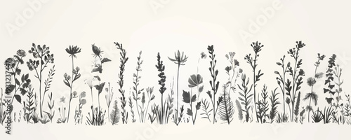 Wild herb, flowers and grass hand drawn in doodle style. vector simple illustration