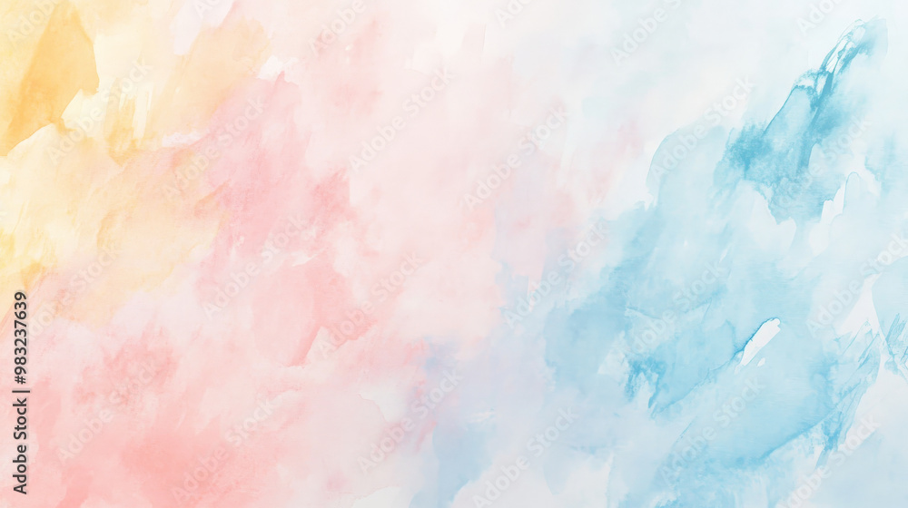 A light and airy watercolor abstract background in soft pastel tones of blush pink, pale yellow, and baby blue, blending seamlessly for a soothing appearance. A light and airy watercolor abstract background in soft pastel tones of blush pink, pale yellow, and baby blue, blending seamlessly for a soothing appearance.
