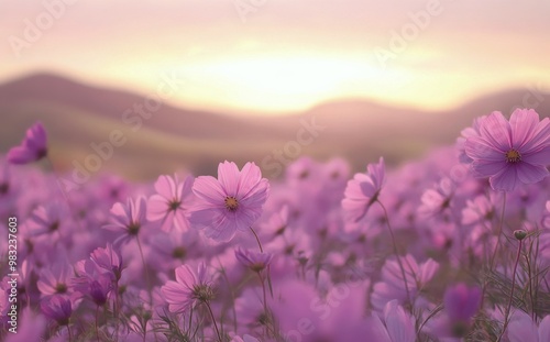 Vibrant purple flowers blooming in a scenic meadow during a serene sunset