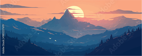 Dramatic sunrise on a misty mountain peak, awakening nature's beauty vector flat minimalistic isolated illustration