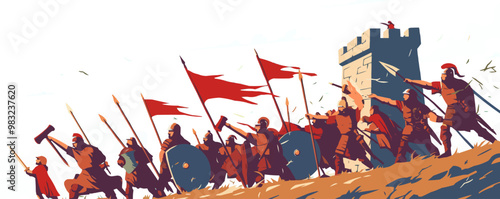 Draw a historical depiction of ancient warriors using battering rams to breach a city wall. Vector flat minimalistic isolated illustration.