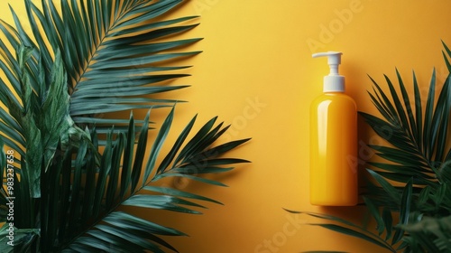 Bright yellow lotion bottle surrounded by tropical leaves against a vibrant o...