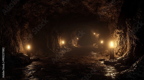 Obraz na płótnie Eerie 3D Render of Isolated Dungeon with Twisting Tunnels and Flickering Lights w salonie