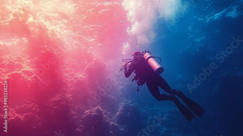 Diver exploring the serene underwater world with scuba gear in bright blue wa...