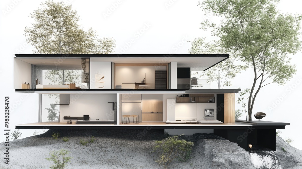 A detailed cross-section of a modern minimalist home, showcasing sleek surfaces, functional built-in storage, and open, clutter-free spaces throughout the interior. A detailed cross-section of a modern minimalist home, showcasing sleek surfaces, functional built-in storage, and open, clutter-free spaces throughout the interior.