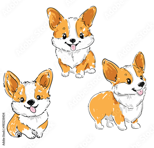 set cute corgi dogs sketch vector illustration