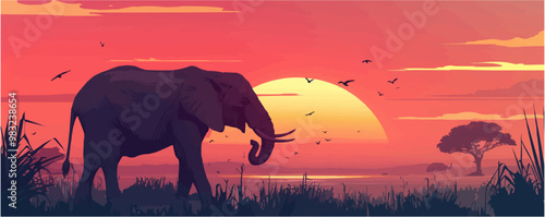 Elephant raising its trunk in front of a sunset, Vector flat minimalistic isolated illustration.