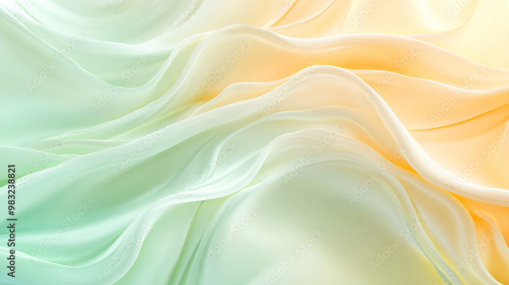Fototapeta premium Smooth fluid waves of pastel yellow and mint green blending seamlessly into each other, forming a delicate, soft abstract background.