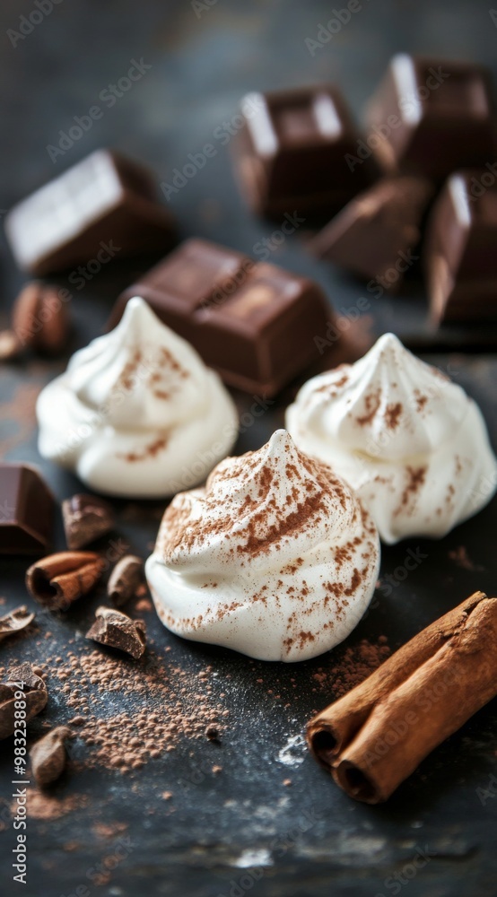 Delicious meringue cookies topped with cocoa powder near dark chocolate and cinnamon sticks Delicious meringue cookies topped with cocoa powder near dark chocolate and cinnamon sticks