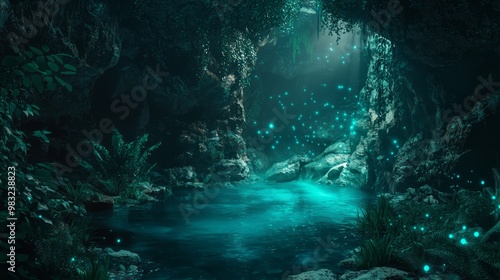 Enchanting Underground Realm: Mystical Dark Fantasy Dungeon with Bioluminescent Plants and Subterranean River