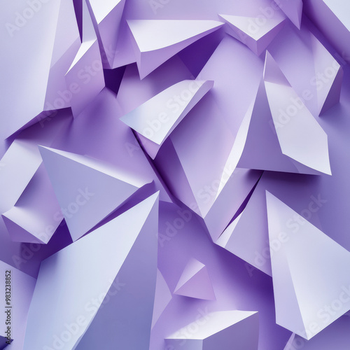 Purple and white shapes with sharp edges, like triangles and squares, stand out against a plain purple backdrop.