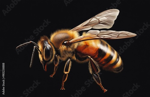 Close-up view of a bee showcasing intricate details of its wings and body str...