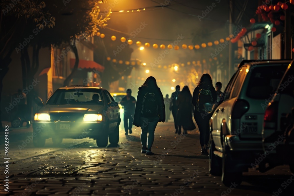 Group of people walking down the street at night, urban environment Group of people walking down the street at night, urban environment