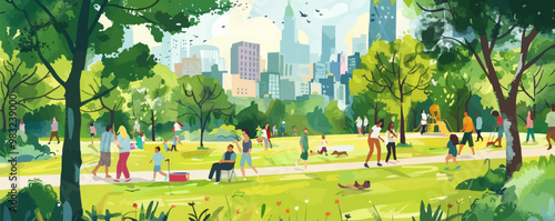 Bustling city park with joggers, picnickers, and children playing, flat, vector illustration in watercolor style.