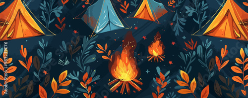 Camping tents and bonfires seamless pattern background, outdoor adventure and camping motifs, vector pattern.