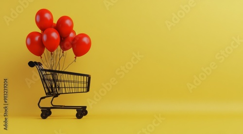 Bright red balloons in a black shopping cart against a yellow background in a...