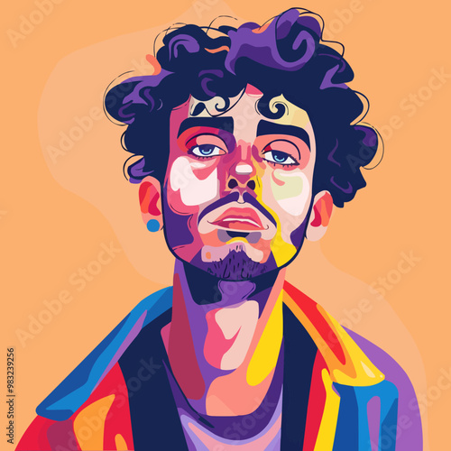 Cartoon style portrait with exaggerated expressions and bright colors, flat portrait, vector illustration.