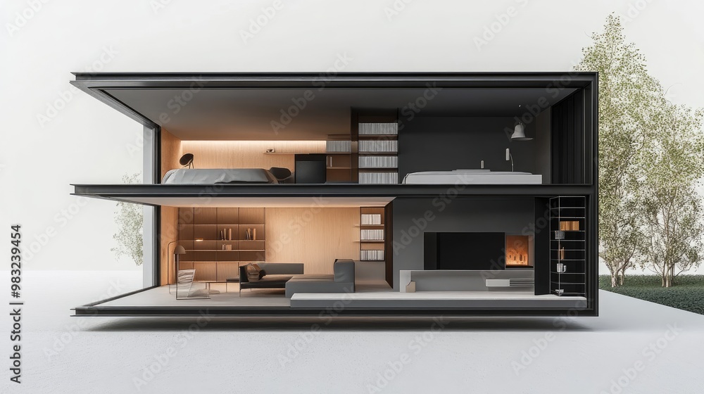 A detailed cross-sectional view of a living room, showcasing built-in shelves, hidden storage, and minimalist furniture that emphasizes clean lines and simple, relaxing design.