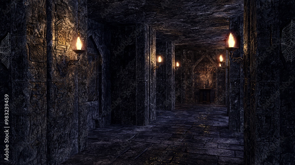 Mysterious Dark Fantasy Dungeon with Flickering Torches and Intricate Stone Walls Mysterious Dark Fantasy Dungeon with Flickering Torches and Intricate Stone Walls
