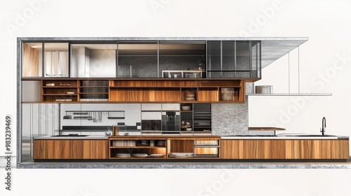 A detailed cross-sectional view of a modern kitchen, highlighting functional cabinetry, sleek surfaces, and clean architectural lines for a minimalist, organized space.