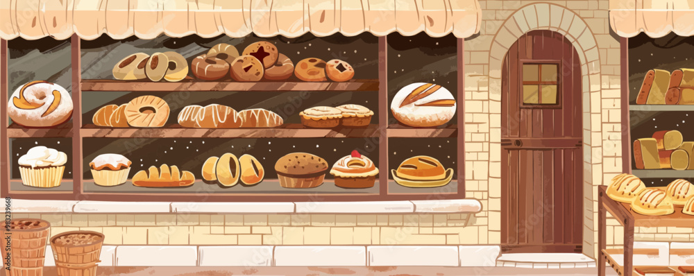 Charming depiction of an old-time bakery with fresh bread and pastries displayed in the window, flat, vector illustration, vintage hand drawn. Charming depiction of an old-time bakery with fresh bread and pastries displayed in the window, flat, vector illustration, vintage hand drawn.