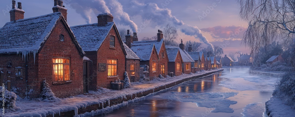 Fototapeta premium A series of small brick cottages along a frozen canal, their windows aglow with soft light, smoke rising from their chimneys, creating a picturesque scene of winter warmth