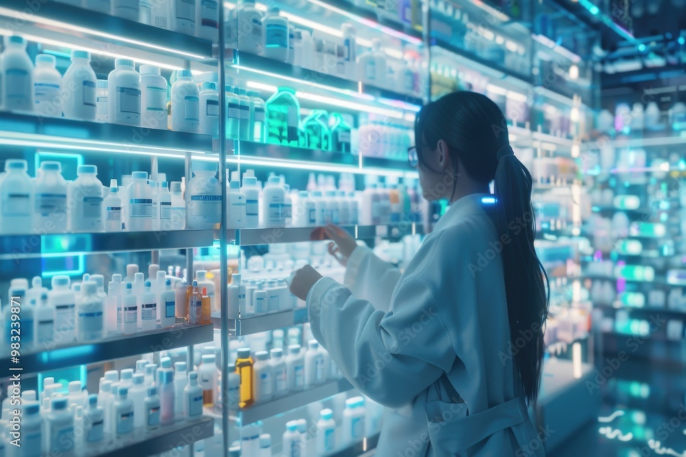 A woman in a lab coat examines a shelf full of various sized bottles, likely searching for a specific item or ingredient A woman in a lab coat examines a shelf full of various sized bottles, likely searching for a specific item or ingredient