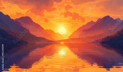 Sunny sunset over a quiet lake surrounded by mountains. Vector illustration.