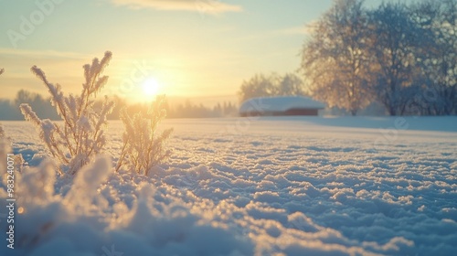 Snowfall in a tranquil winter landscape with evergreen trees during a serene ...