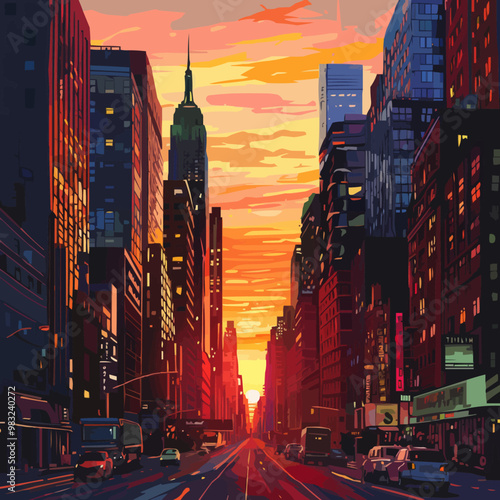 City skyline at sunset with high-rise buildings and a bustling street, flat, vector illustration, Sketch.