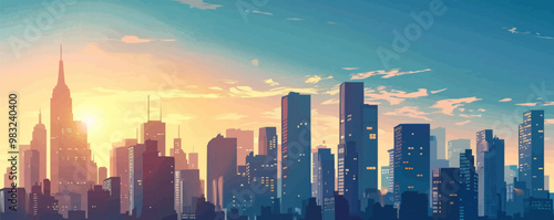 City skyline at sunset with high-rise buildings and a bustling street, flat, vector illustration, Sketch.