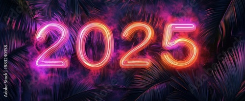 Bright neon 2025 against a dark tropical background with vibrant colors and p...