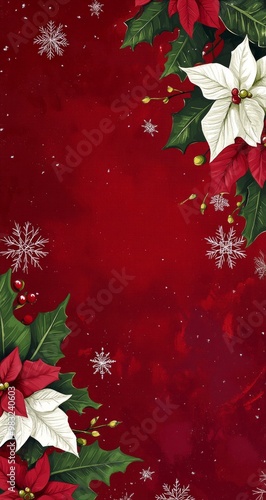 Festive bouquet of poinsettias and leaves on a vibrant red background with sn...